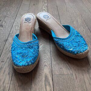 Beaded Aqua Espadrilles with Wedge Heel - Size 8